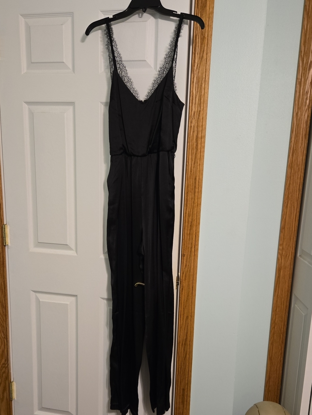 Black Lace-Trim Satin Jumpsuit - Womens